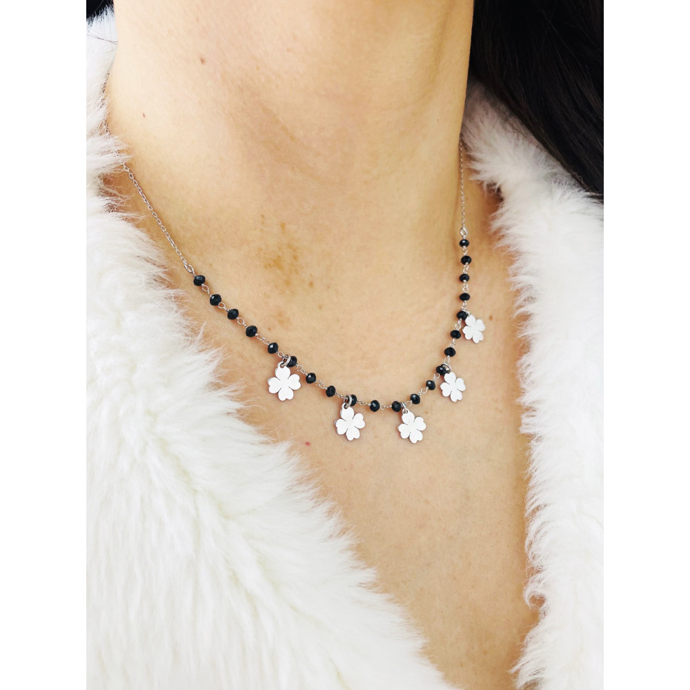 Kleeblatt 925 Silber Halskette Halsband mit Onyx Damen Kinder