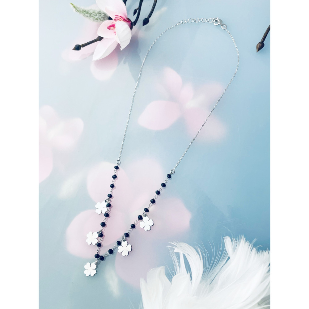 Kleeblatt 925 Silber Halskette Halsband mit Onyx Damen Kinder