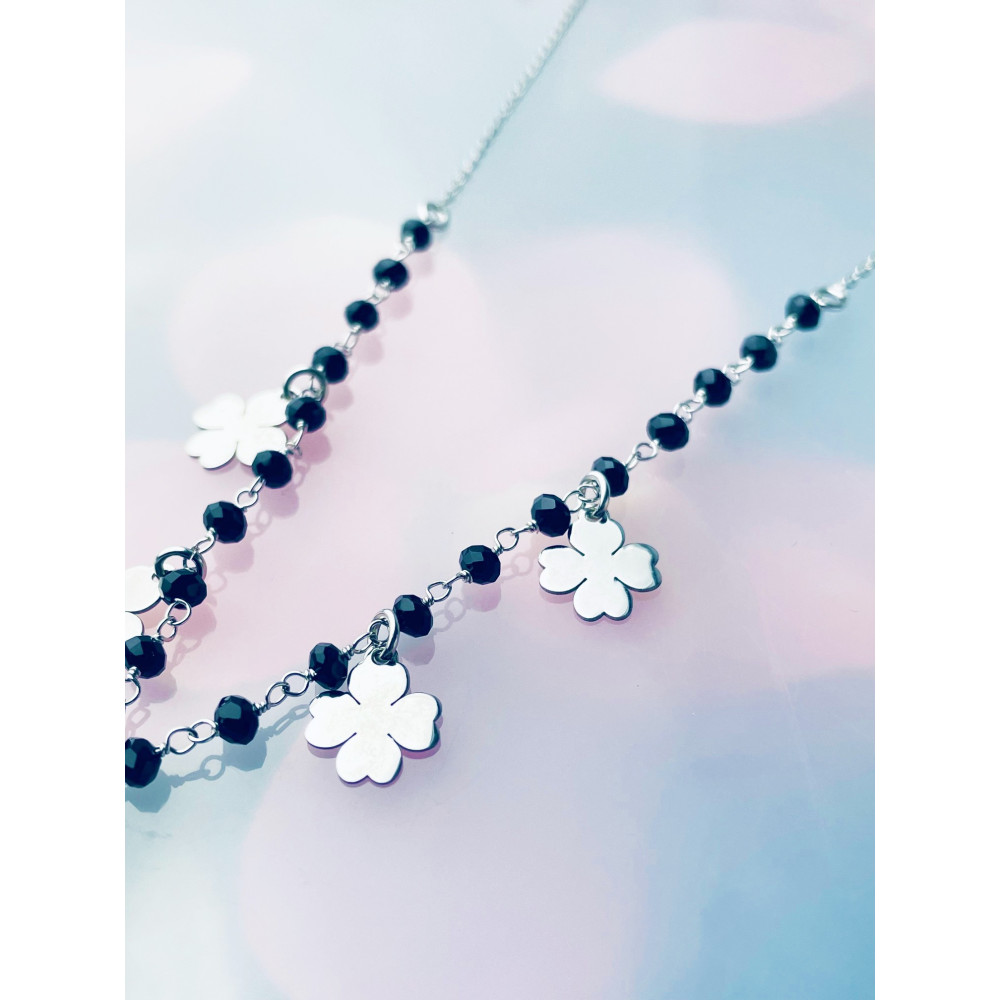 Kleeblatt 925 Silber Halskette Halsband mit Onyx Damen Kinder