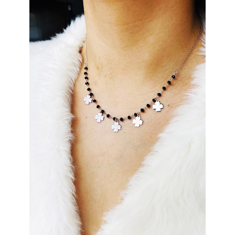 Kleeblatt 925 Silber Halskette Halsband mit Onyx Damen Kinder