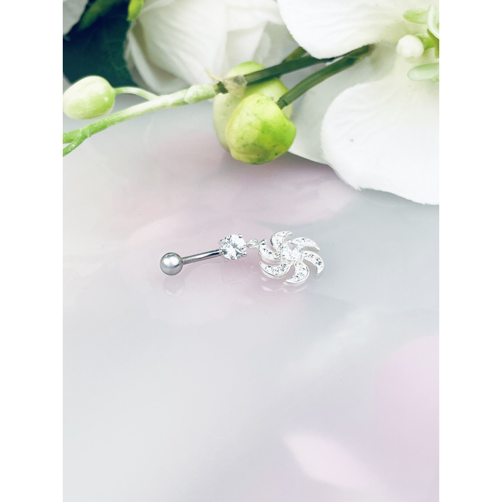 Srebrny kolczyk do pępka z cyrkoniami kwiat