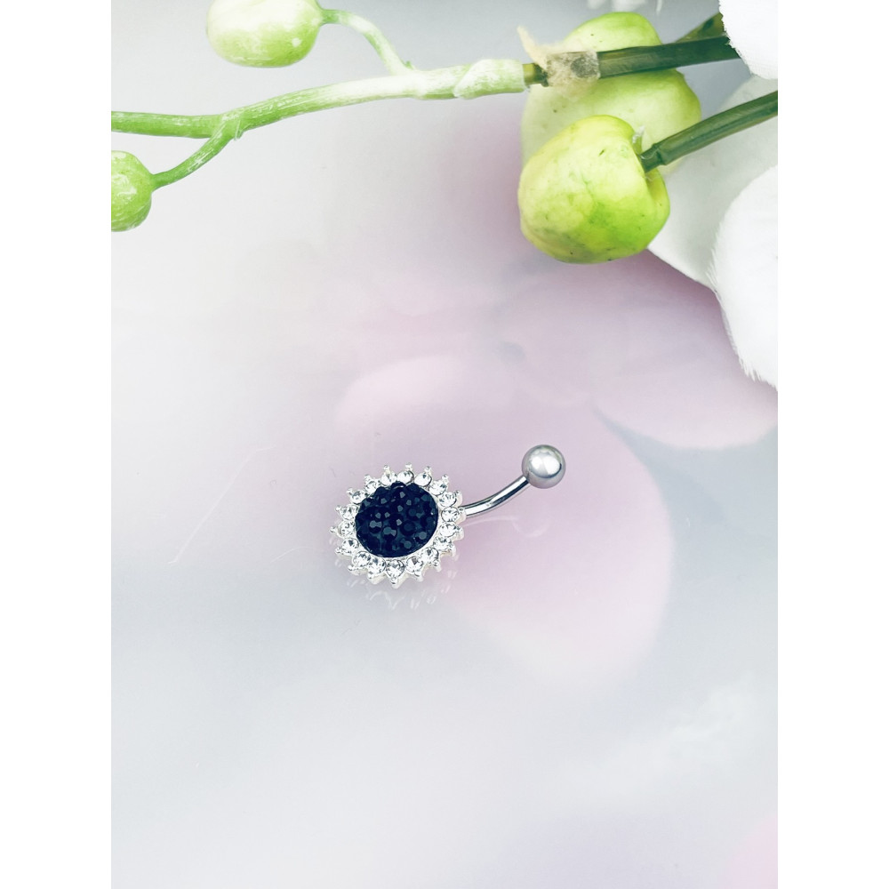 Srebrny kolczyk do pępka z cyrkoniami i onyksem kwiat słonecznik