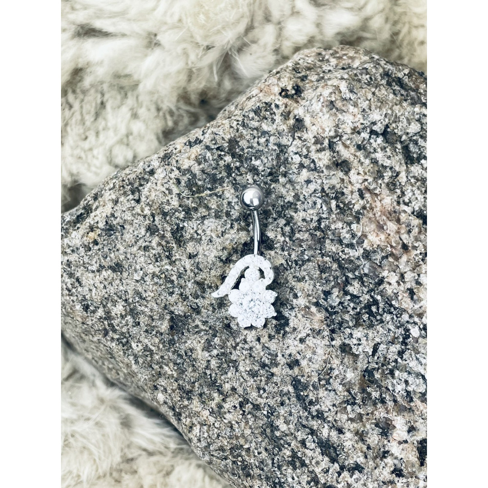 Srebrny kolczyk do pępka z cyrkoniami kwiat