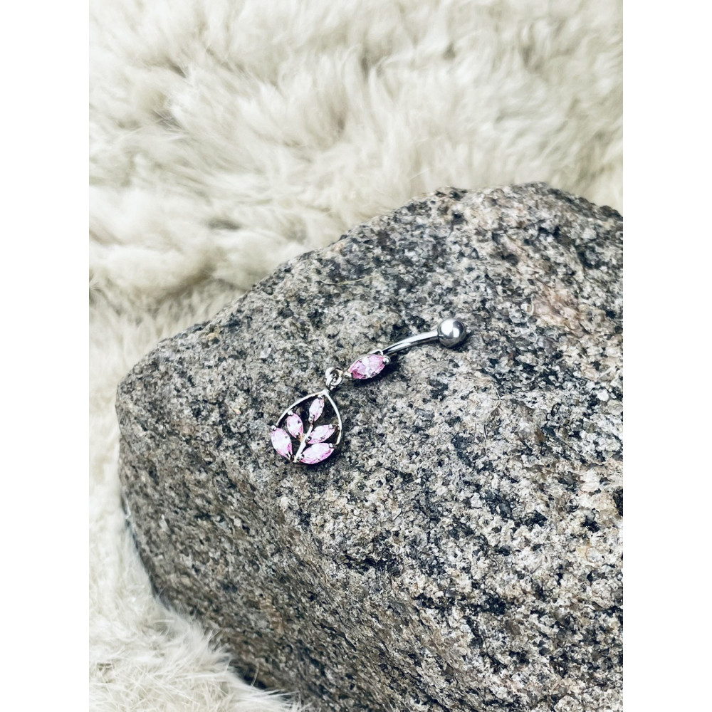 Srebrny kolczyk do pępka wiszący listki różowe cyrkonie