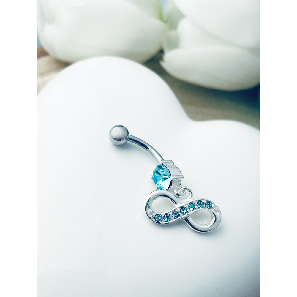 Srebrny kolczyk do pępka wiszący nieskończoność z cyrkoniami błękitny