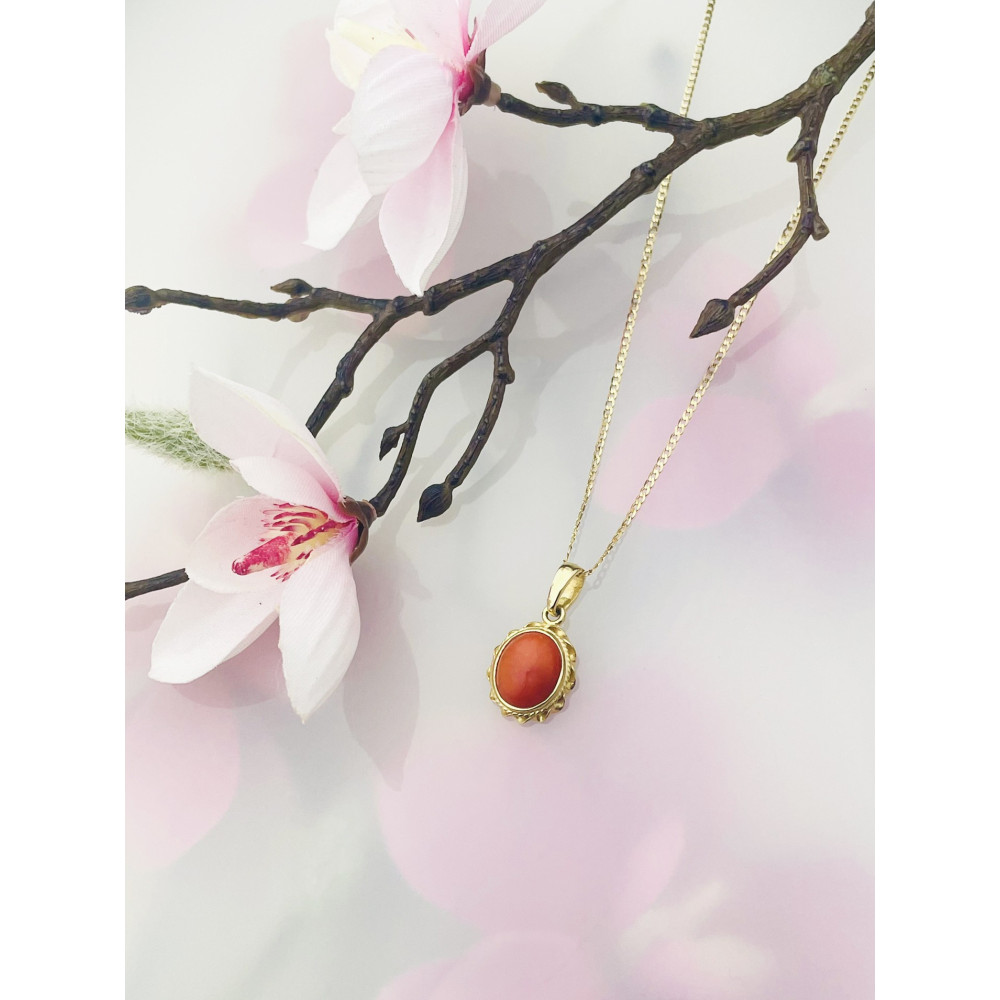 Korallenstein Anhänger Kettenanhänger Gelbgold Goldanhänger 585er 14KT Vintage