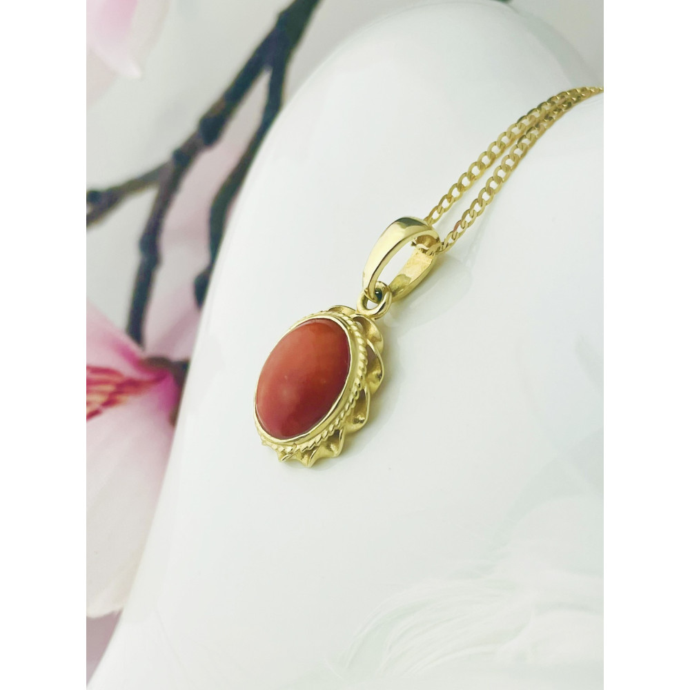 Złoty wisiorek zawieszka owalna koral vintage