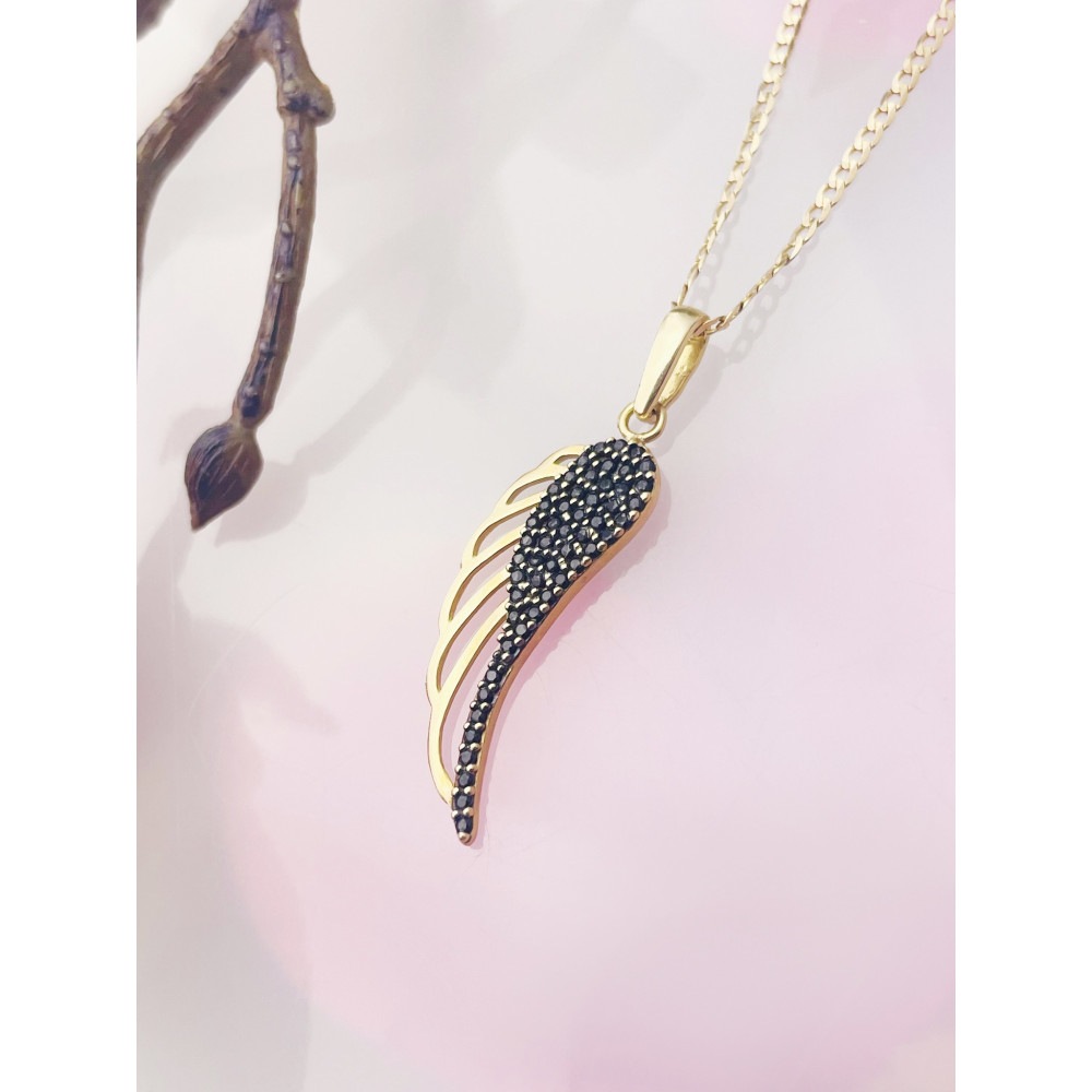 Flügel Anhänger Kettenanhänger Gelbgold Goldanhänger 585er 14KT mit Onyx