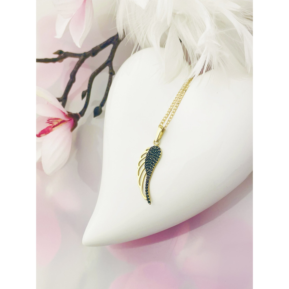 Flügel Anhänger Kettenanhänger Gelbgold Goldanhänger 585er 14KT mit Onyx