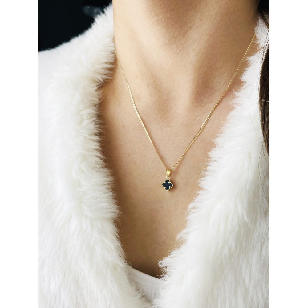 Kleeblatt Anhänger Kettenanhänger Gelbgold Goldanhänger 585er 14KT mit Onyx