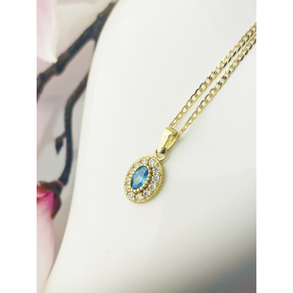 Złoty wisiorek zawieszka owalna z cyrkoniami błękit oceanu