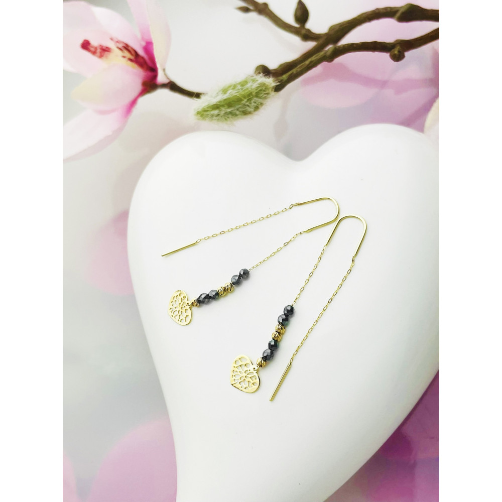 Herz Gold Ohrringe mit Onyx Ohrhänger Ohrstecker Ohrschmuck Paar Gelbgold 585er 14KT