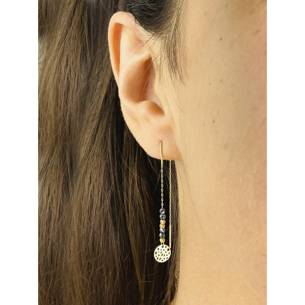 Mandala Gold Ohrringe mit Onyx Ohrhänger Ohrstecker Ohrschmuck Paar Gelbgold 585er 14KT