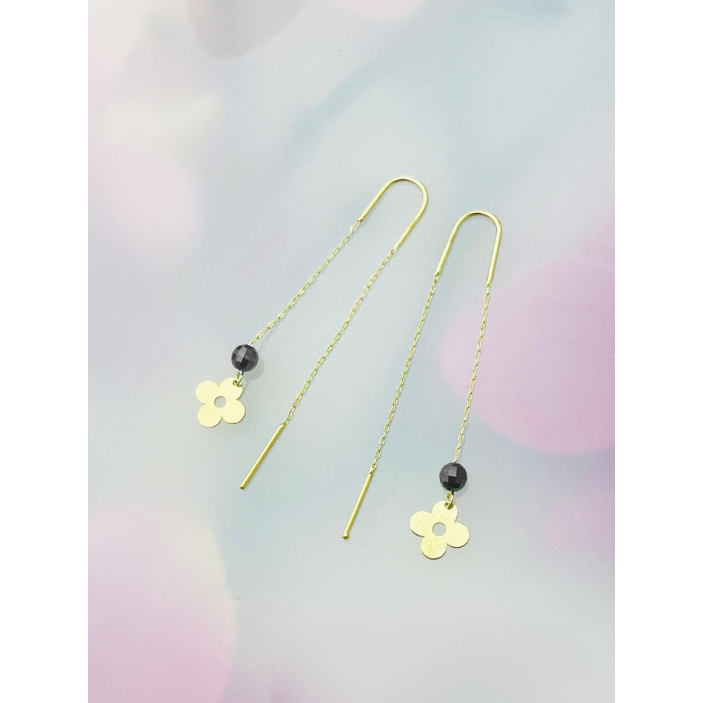 Blume Gold Ohrringe mit Onyx Ohrhänger Ohrstecker Ohrschmuck Paar Gelbgold 585er 14KT