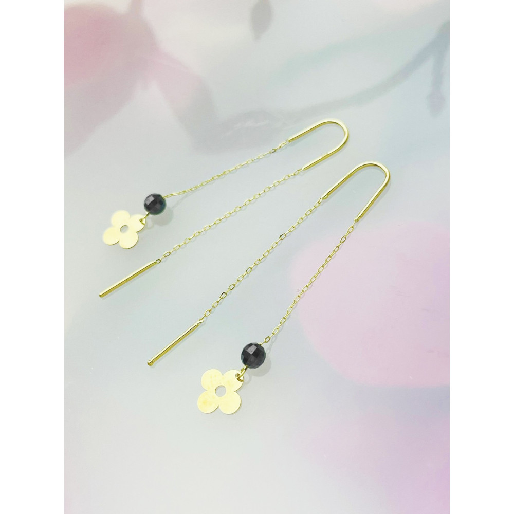 Blume Gold Ohrringe mit Onyx Ohrhänger Ohrstecker Ohrschmuck Paar Gelbgold 585er 14KT