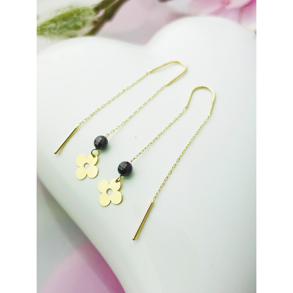 Blume Gold Ohrringe mit Onyx Ohrhänger Ohrstecker Ohrschmuck Paar Gelbgold 585er 14KT
