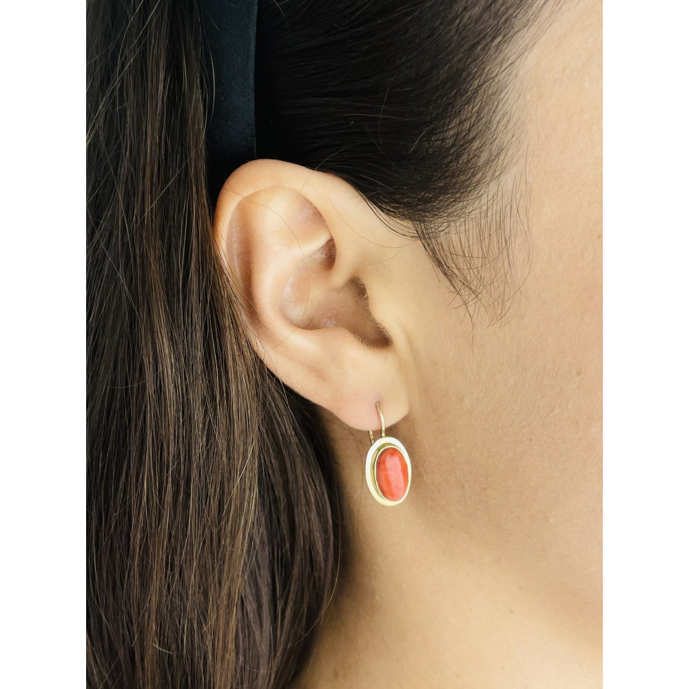 Korallenstein Ohrringe Ohrhänger Ohrstecker Ohrschmuck Paar Gelbgold 585er 14KT