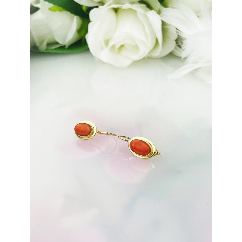 Korallenstein Ohrringe Ohrhänger Ohrstecker Ohrschmuck Paar Gelbgold 585er 14KT