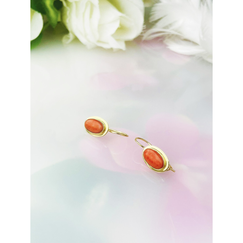 Korallenstein Ohrringe Ohrhänger Ohrstecker Ohrschmuck Paar Gelbgold 585er 14KT