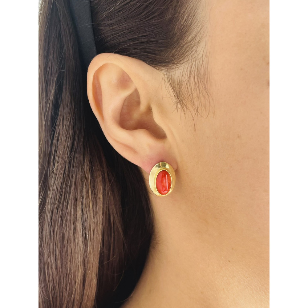 Korallenstein Ohrringe Ohrhänger Ohrstecker Ohrschmuck Paar Gelbgold 585er 14KT