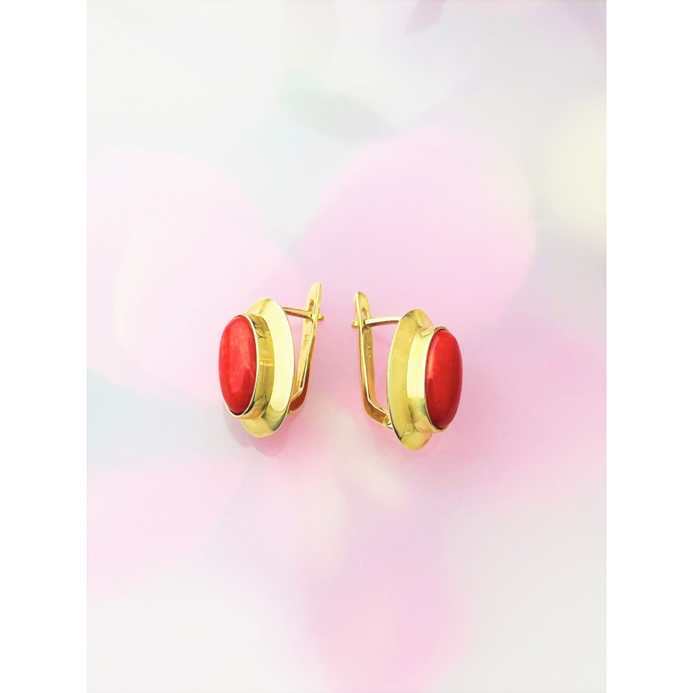 Korallenstein Ohrringe Ohrhänger Ohrstecker Ohrschmuck Paar Gelbgold 585er 14KT