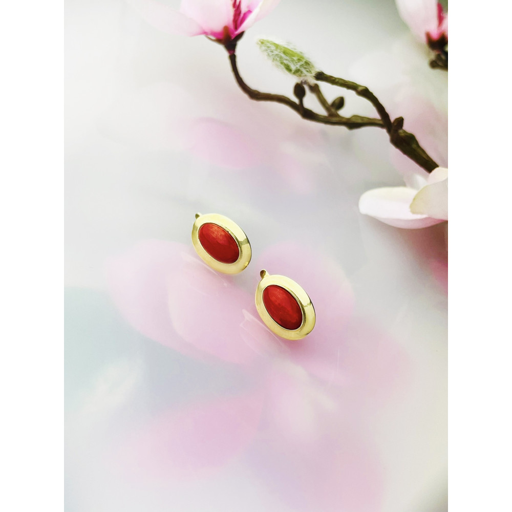 Korallenstein Ohrringe Ohrhänger Ohrstecker Ohrschmuck Paar Gelbgold 585er 14KT