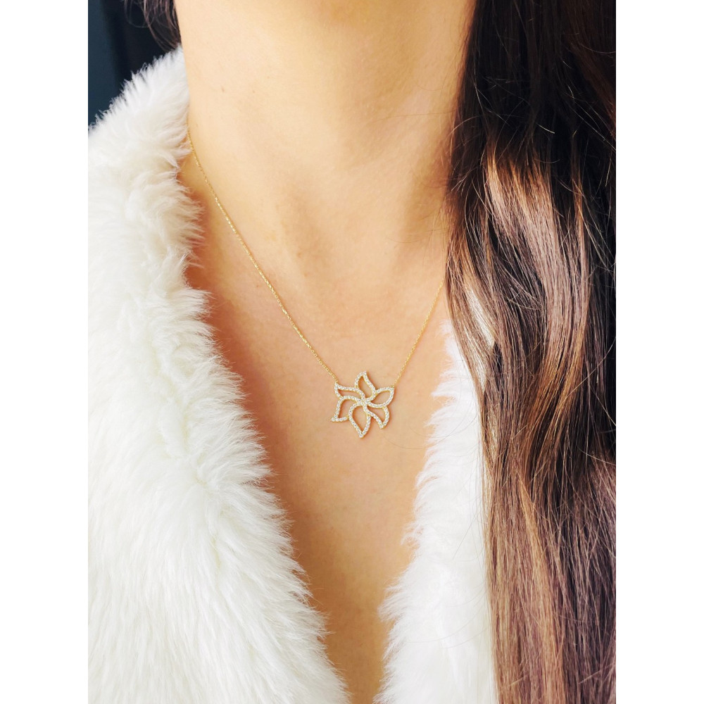 Blume Halskette goldenes Halsband mit Zirkonia Gelbgold 585er 14KT