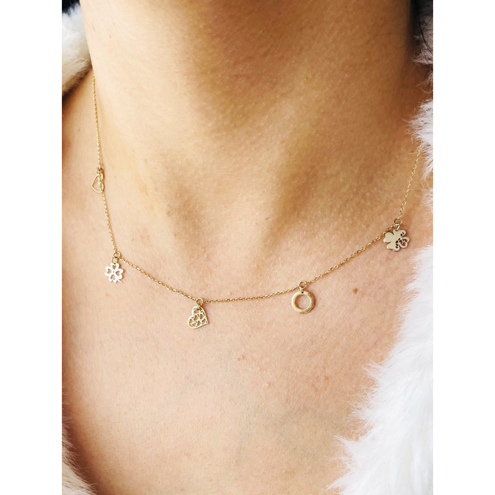 Kleeblatt Herz Kreis Halskette goldenes Halsband Gelbgold 585er 14KT