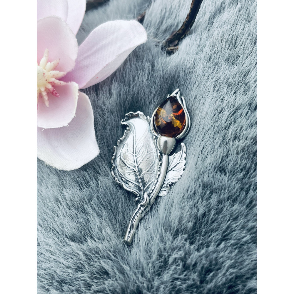 Blume Rose Silberbrosche mit Bernstein