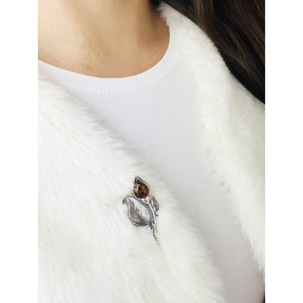 Blume Rose Silberbrosche mit Bernstein