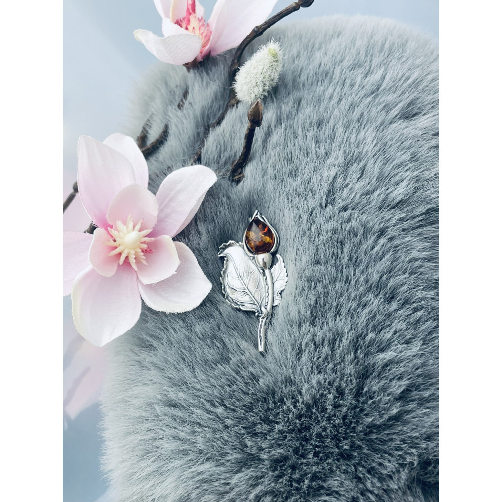 Blume Rose Silberbrosche mit Bernstein