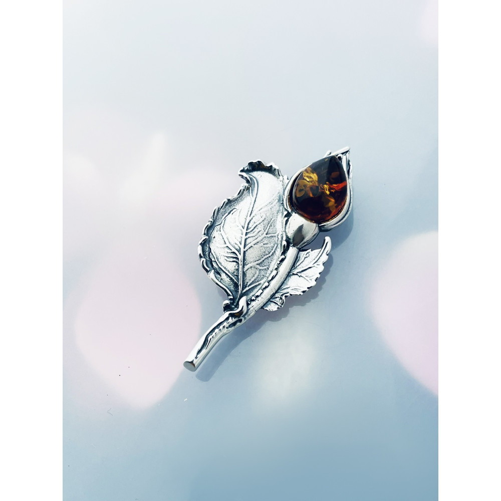 Blume Rose Silberbrosche mit Bernstein