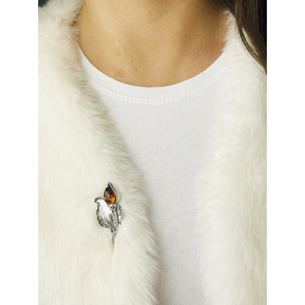 Blume Rose Silberbrosche mit Bernstein