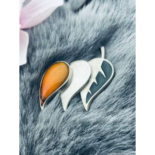 Srebrna broszka listki liście z bursztynem i emalią