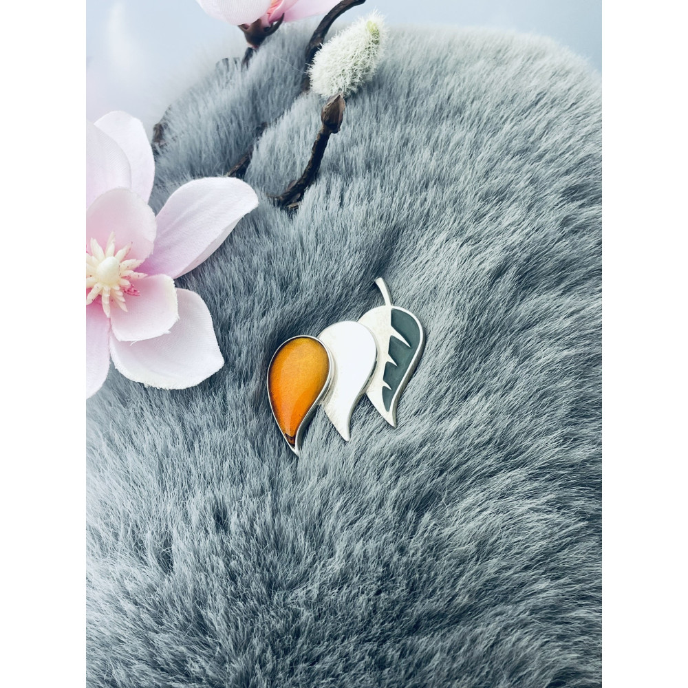 Blätter Silberbrosche mit Bernstein