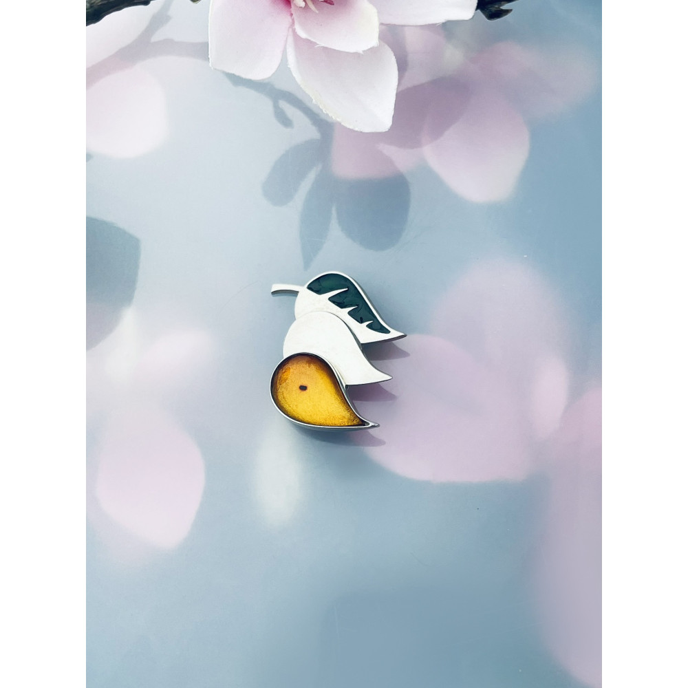 Blätter Silberbrosche mit Bernstein