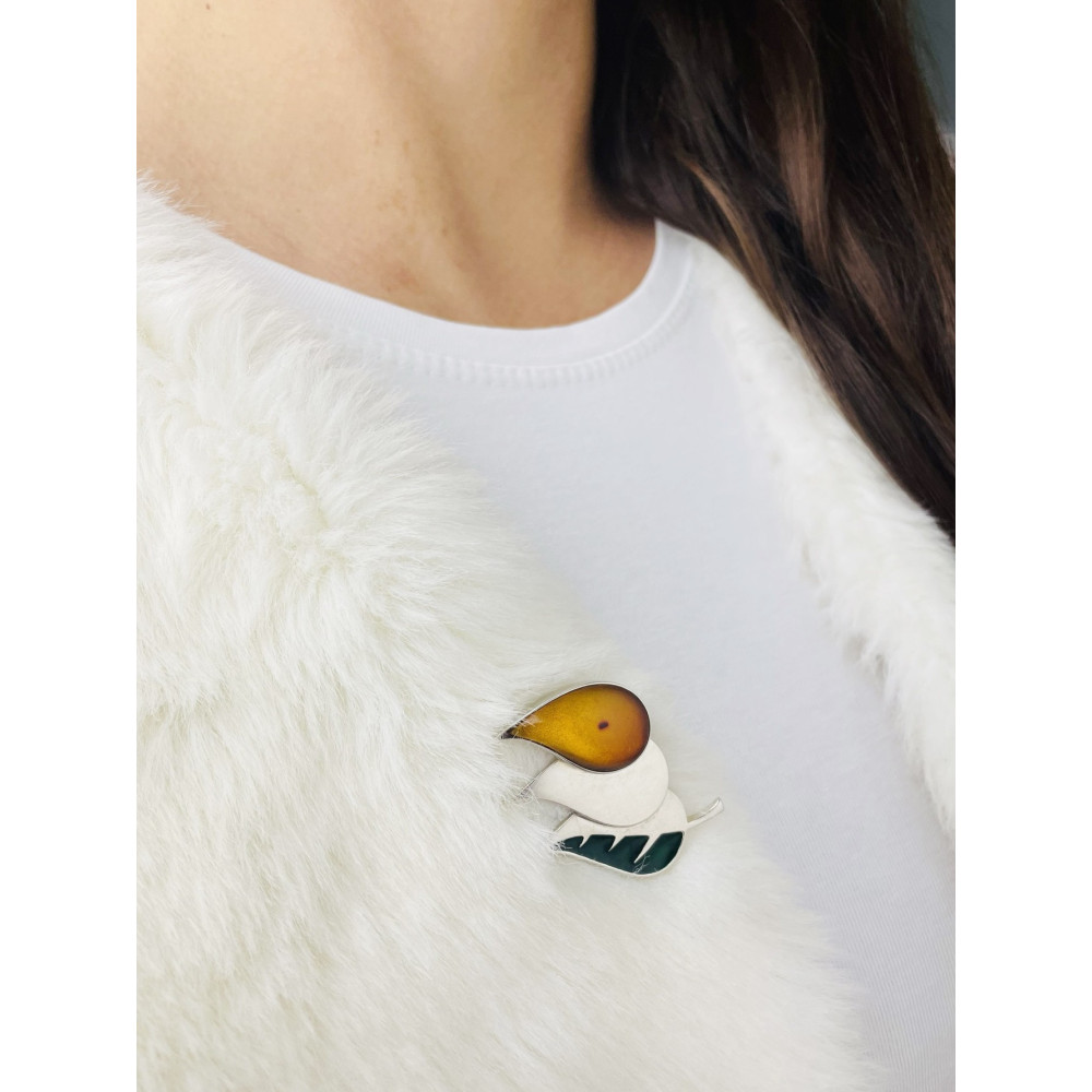 Blätter Silberbrosche mit Bernstein