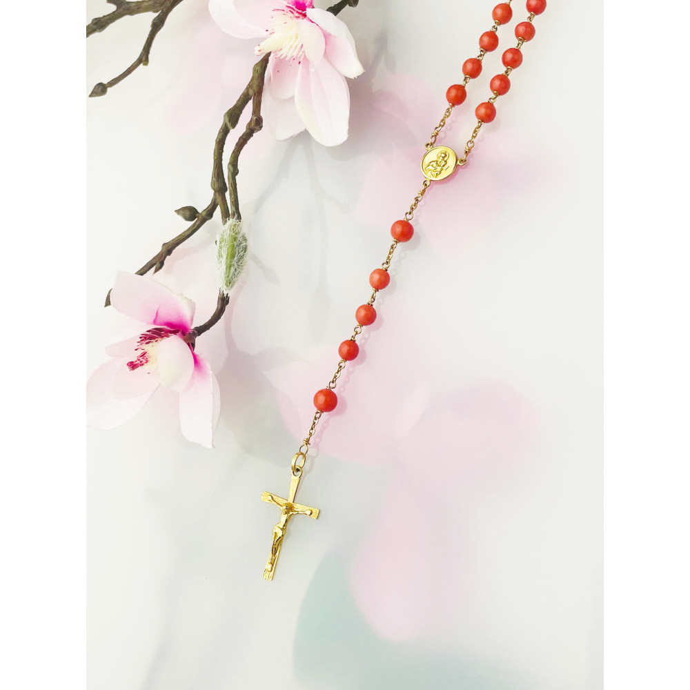 Złoty Różaniec Koral Matka Boska z Dzieciątkiem Jezus Komunia Chrzest