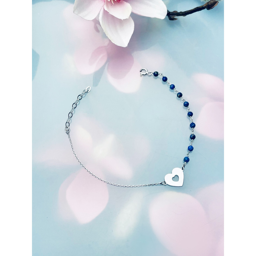 Srebrna bransoletka serce serduszko koraliki szafirowe