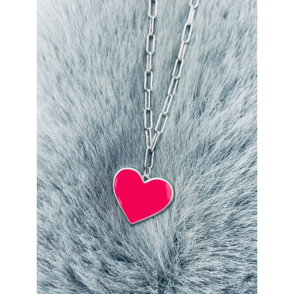 Srebrny naszyjnik szeroki ankier serce serduszko z emialią malinowe