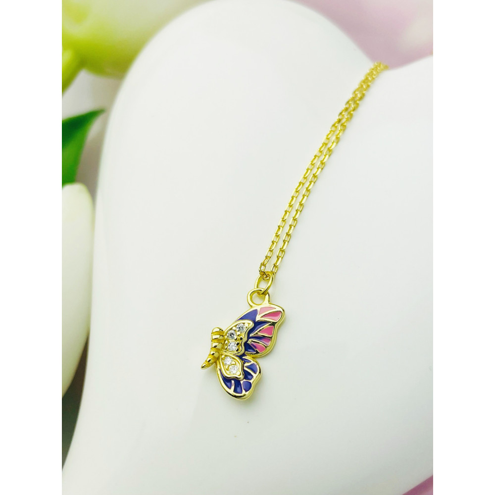 Srebrny naszyjnik pozłacany motylek kolorowy z emalią i cyrkoniami