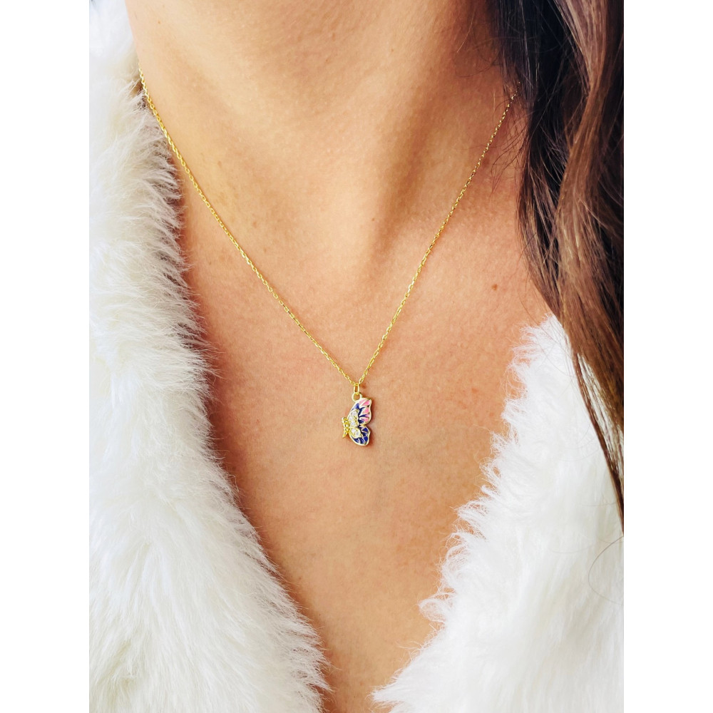 Srebrny naszyjnik pozłacany motylek kolorowy z emalią i cyrkoniami