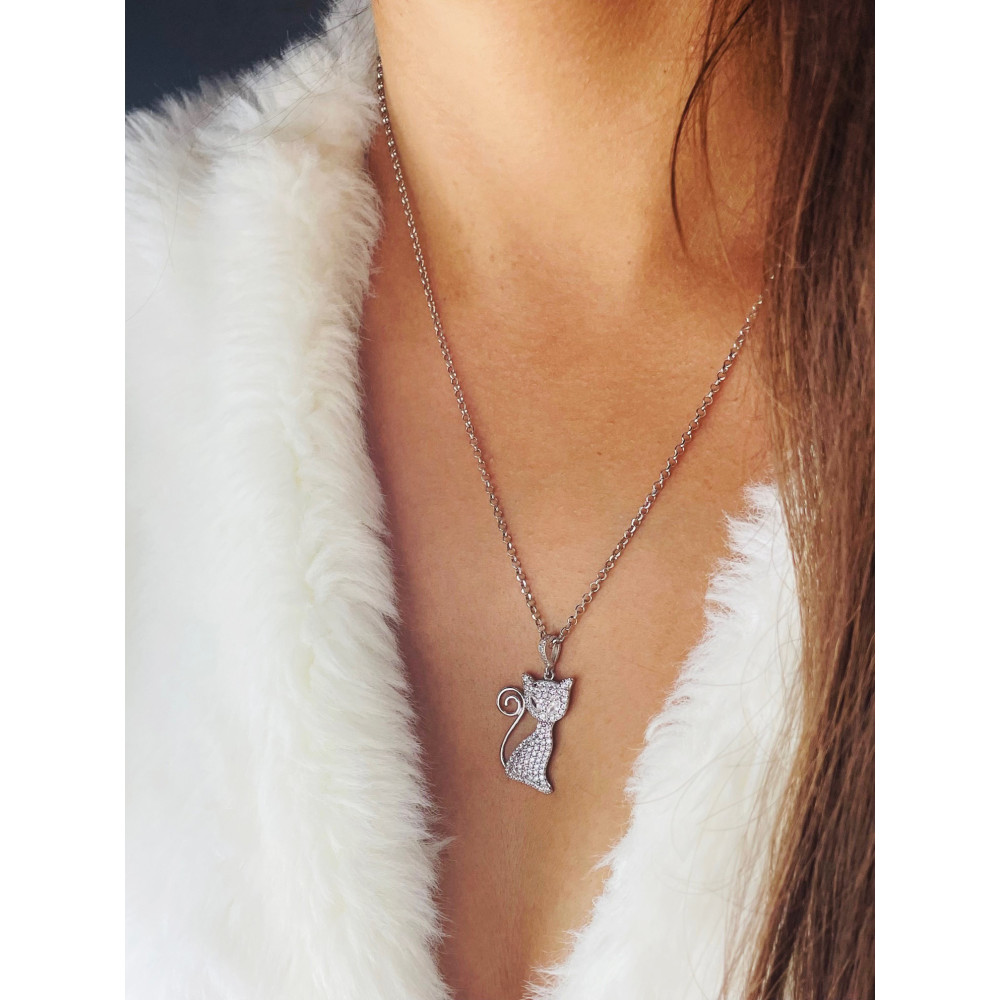 Srebrny naszyjnik kot z cyrkoniami