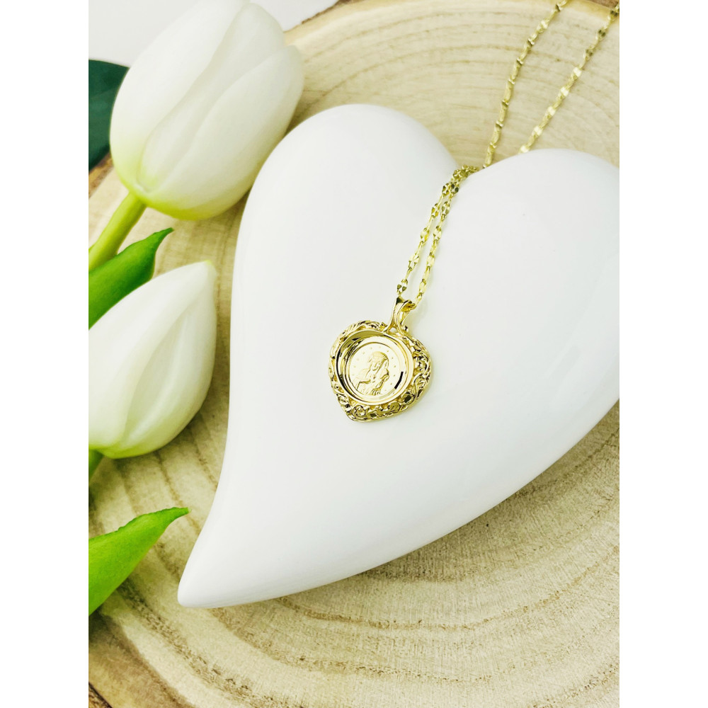 Złoty Medalik Zawieszka zdobione serce Matka Boska Częstochowska Chrzest Komunia