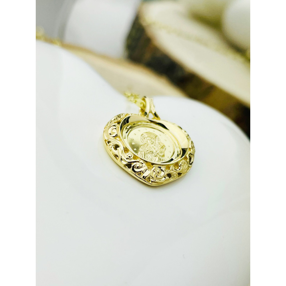 Złoty Medalik Zawieszka zdobione serce Matka Boska Częstochowska Chrzest Komunia