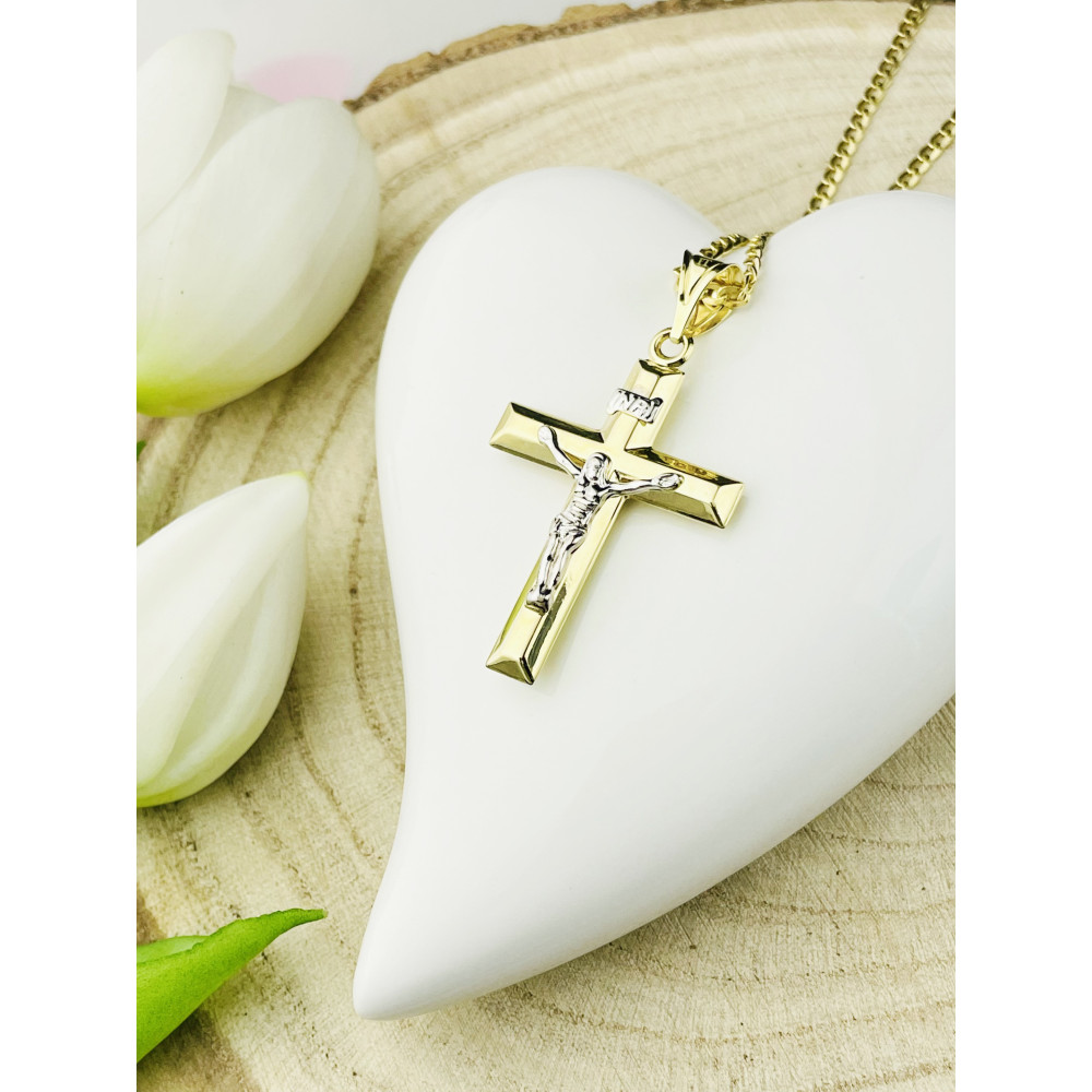 Goldanhänger Kettenanhänger Kreuz Jesus Christus Goldkreuz Bicolor Gelbgold 585er 14KT