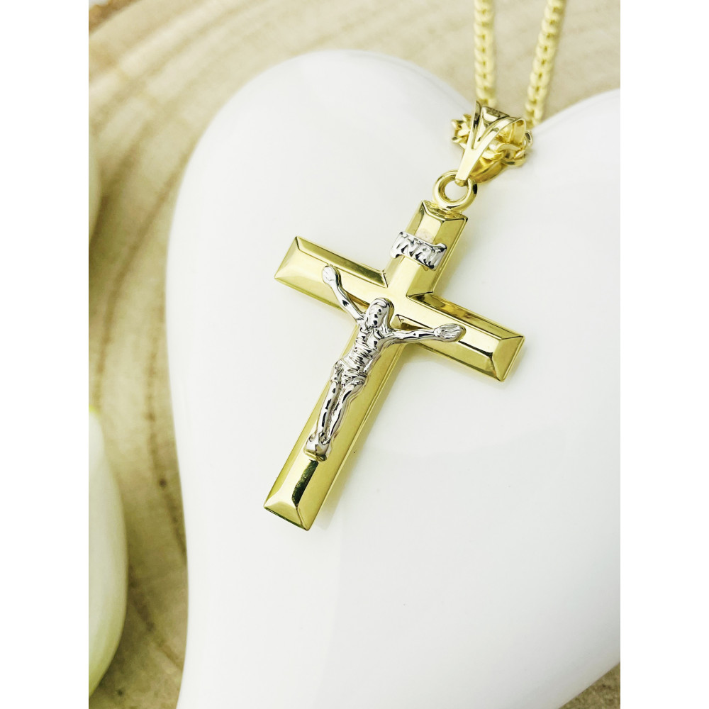 Złoty krzyżyk Jezus Chrystus INRI dwukolorowy Chrzest Komunia