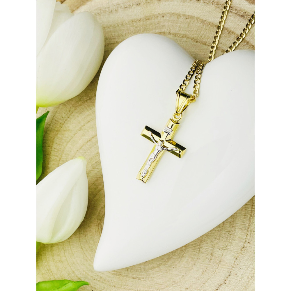 oldanhänger Kettenanhänger Kreuz Jesus Christus Goldkreuz Bicolor Gelbgold 585er 14KT
