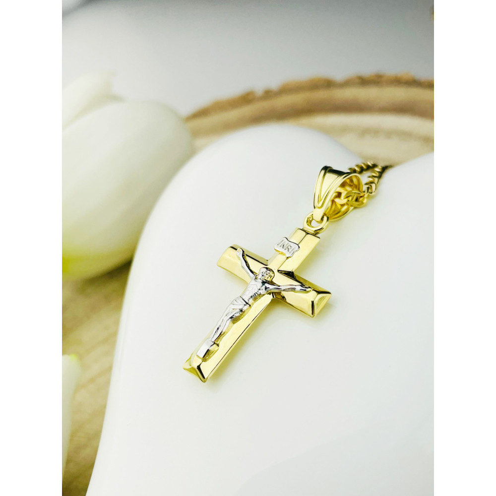 Złoty krzyżyk Jezus Chrystus INRI dwukolorowy Chrzest Komunia