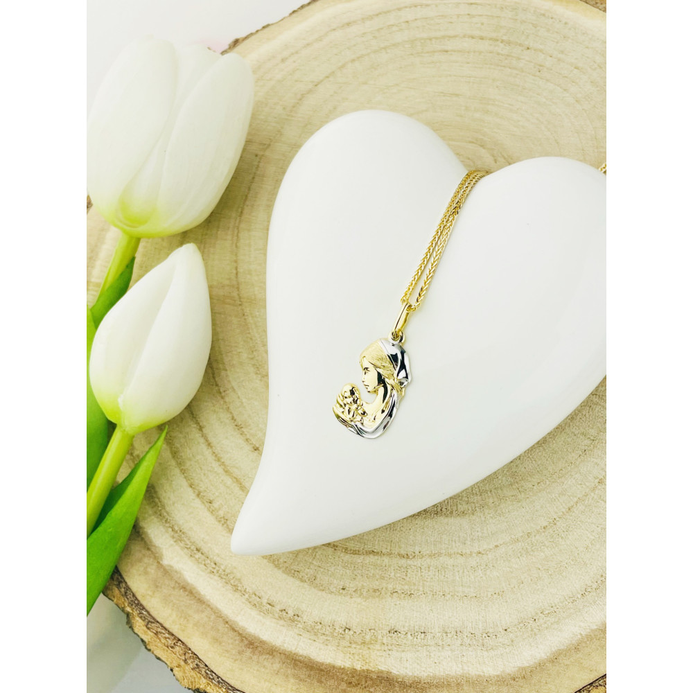 Złoty Medalik Zawieszka Matka Boska z Dzieciątkiem Jezus Chrzest Komunia bikolor